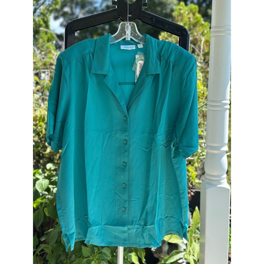 National Women Teal Green Crinkle Short Sleeve Button Down Shirt Size 2X NEW